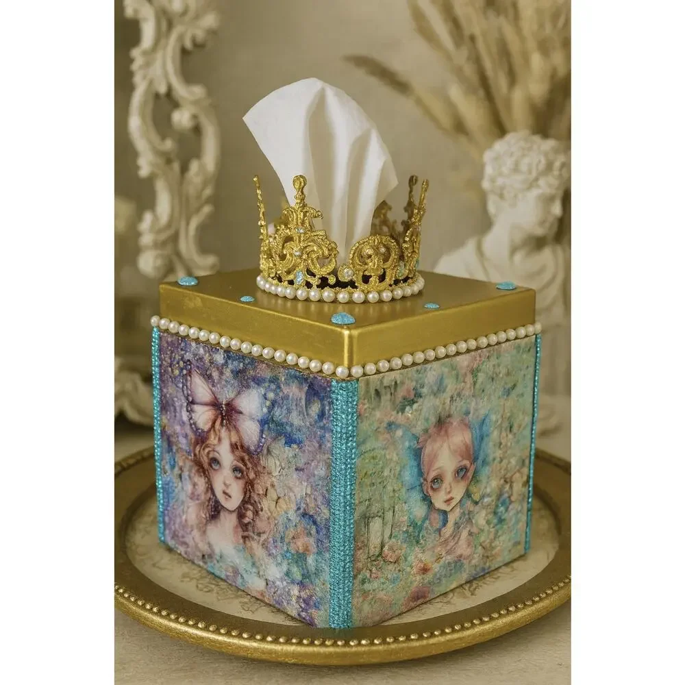Princess Rhinestone Vanity Tissue Box Cover Crown Baroque Pop Art Decor Royal